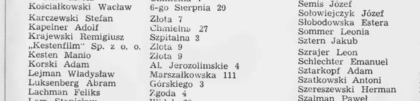 Notice of the Municipal Board of 23 July 1940 (Journal of Notices of the City of Warsaw, 1940): „»Kestenfilm« Ltd — Złota 9" and „Kesten Manio — Złota 9" among the taxpayers the office could no longer find.