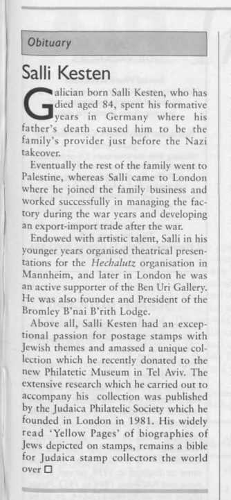 „AJR Information", May 1995 — the obituary „Salli Kesten" (scan of the page with the Obituary column).