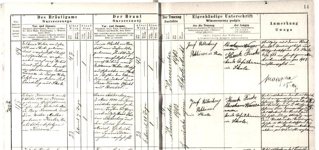 Księga ślubów okręgu metrykalnego Skole, pozycja 45: Szaja Kurzrock z Kozowej i Chawa Adlersberg z Synowódzka, listopad 1903. Zbiory projektu.