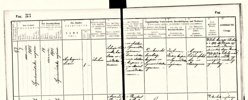 Księga urodzeń okręgu metrykalnego Skole, pozycja 97: Maksymilian, urodzony 7 czerwca 1905 roku w Synowódzku Wyżnem, syn Szai Kurzrocka i Chawy z Adlersbergów. Zbiory projektu.
