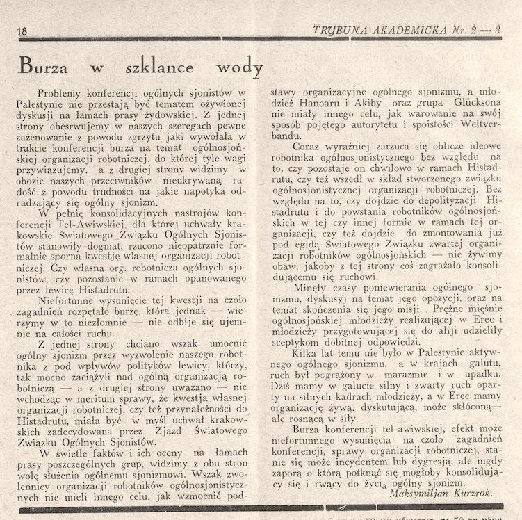 „Burza w szklance wody” — artykuł Maksymiljana Kurzroka w „Trybunie Akademickiej” nr 2–3 z 1935 roku, s. 18. Zbiory projektu.