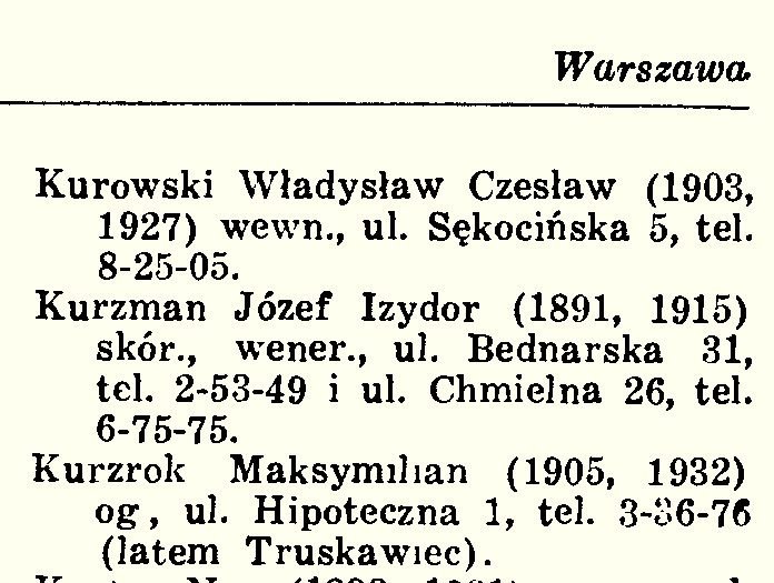 Rocznik Lekarski Rzeczypospolitej Polskiej, dział „Warszawa”. Liczby w nawiasie to rok urodzenia i rok dyplomu: 1905 i 1932. Adnotacja „(latem Truskawiec)” opisuje w trzech słowach rytm jego życia zawodowego.