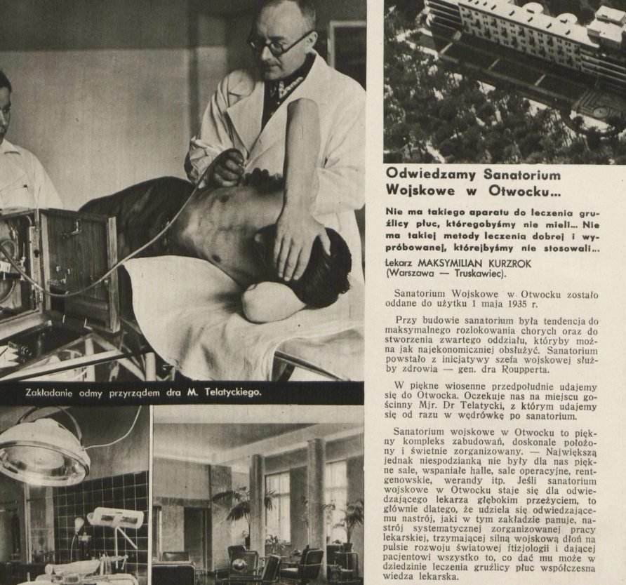 „Odwiedzamy Sanatorium Wojskowe w Otwocku…”, 1939. Zdjęcie u góry: zakładanie odmy opłucnowej przyrządem dra M. Tekstyckiego. Zbiory projektu.