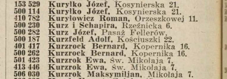 Lwowski spis abonentów telefonicznych: „Kurzrok Ewa, Św. Mikołaja 7” (dwa wpisy) oraz „Kurzrok Maksymiljan, Mikołaja 7”. Wyżej Kurzrock Bernard z Kopernika 16 — pokrewieństwo nieustalone. Zbiory projektu.