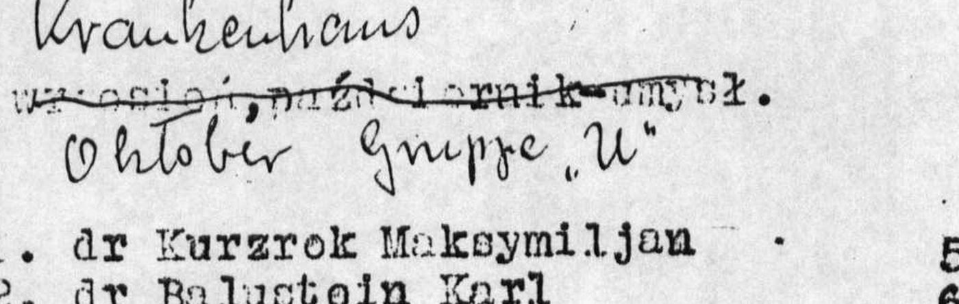 Nagłówek listy personelu szpitala i pierwsza pozycja: „1. dr Kurzrok Maksymiljan”. Zbiory projektu.