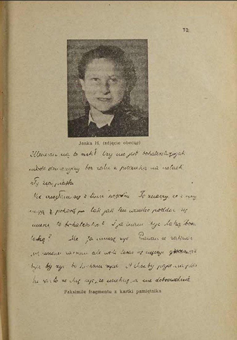 „Janka H. (zdjęcie obecne)” i faksymile fragmentu z kartki pamiętnika — pierwsze wydanie zapisków, 1946. Zbiory projektu.