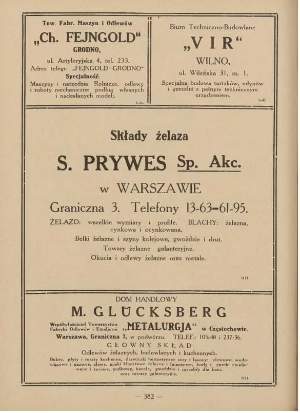 Reklama prasowa z lat dwudziestych: „Składy żelaza S. Prywes Sp. Akc. w Warszawie, Graniczna 3, telefony 13-63, 61-65, 97-27”. Zbiory projektu.