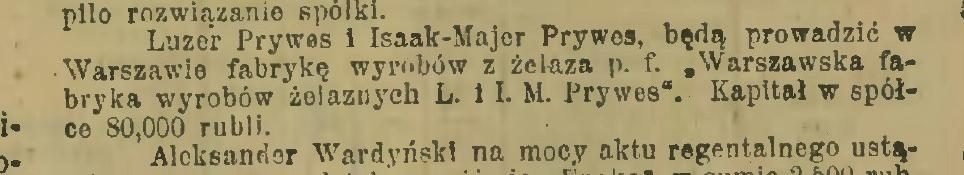Rubryka „Spółki Handlowe, ogłoszone w Sądzie Handlowym „Nowa Gazeta” — wydanie wieczorne, Warszawa, czwartek 10 października 1907 r.