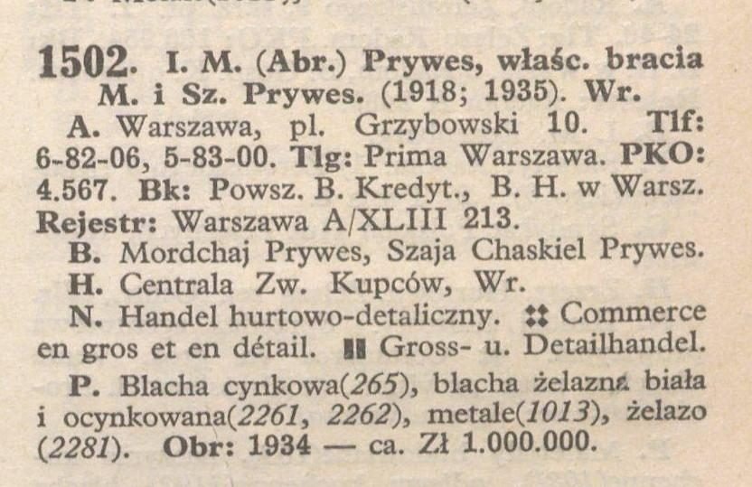 Rocznik Polskiego Przemysłu i Handlu 1936, poz. 1502: „I. M. (Abr.) Prywes, właśc. bracia M. i Sz. Prywes” — wśród telefonów firmy numer 6-82-06, ten sam, który w spisie abonentów dzwoni w mieszkaniu Szai. Zbiory projektu.