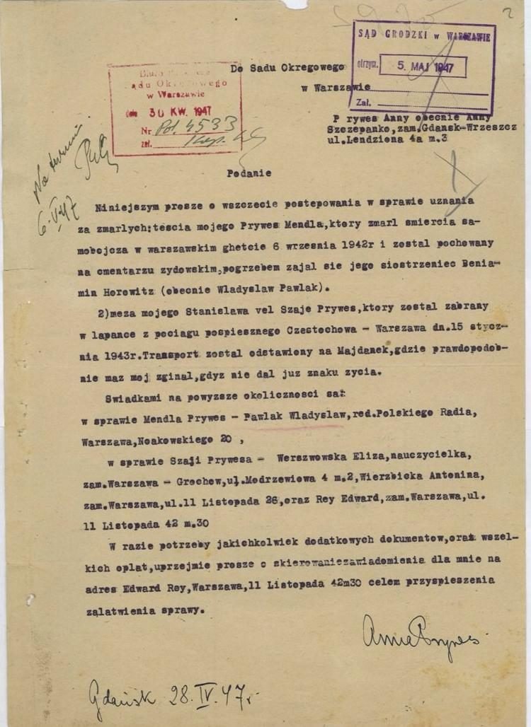 Podanie Anny Prywes do Sądu Okręgowego w Warszawie, Gdańsk, 28 IV 1947. Akta sprawy VII Zg. 1138/47 (AP w Warszawie).