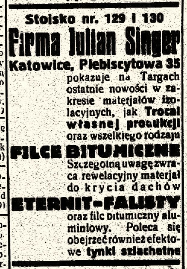 „Polska Zachodnia”, Katowice, 26 maja 1935, s. 16 — reklama firmy Julian Singer na 6. Targach Katowickich.