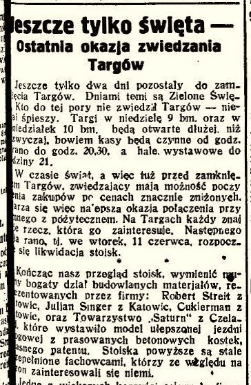 „Polska Zachodnia”, 9 czerwca 1935, s. 3 — sprawozdanie z Targów Katowickich z nazwiskiem „Juljan Singer z Katowic”.
