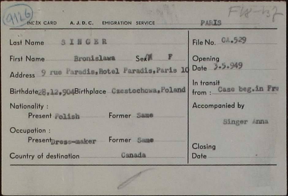 Karta ewidencyjna Emigration Service AJDC w Paryżu, akta OA.529, otwarte 3 maja 1949 roku.