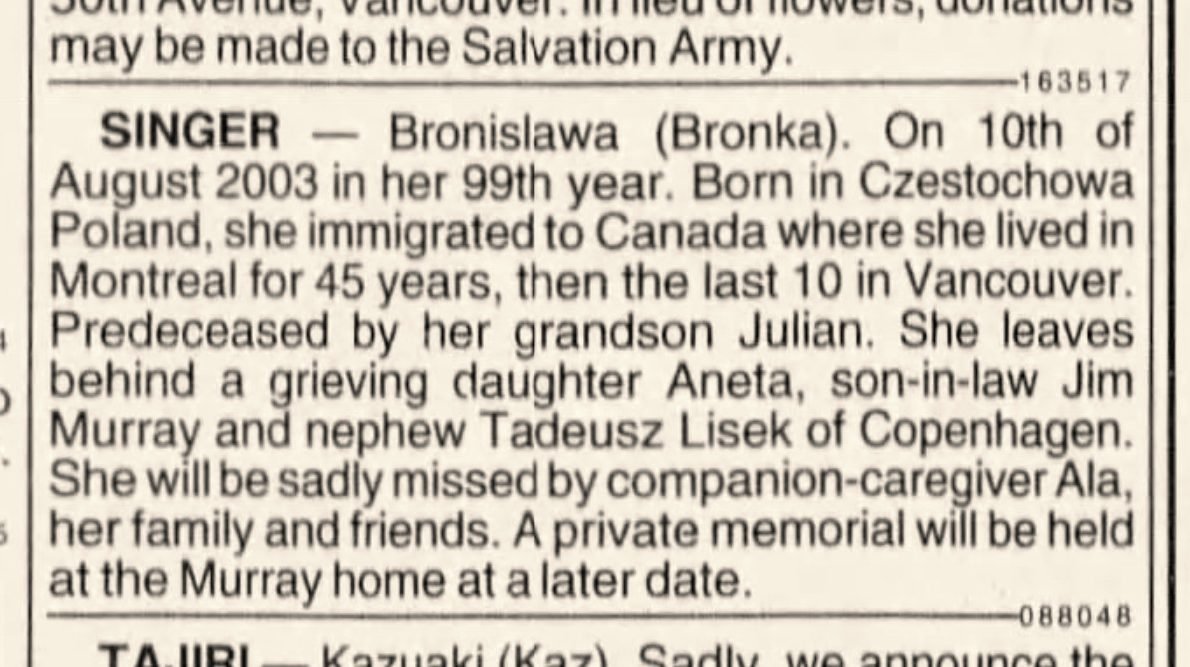 Nekrolog Bronisławy Singer w prasie vancouverskiej, sierpień 2003 — z nazwiskiem bratanka Tadeusza Liska z Kopenhagi.
