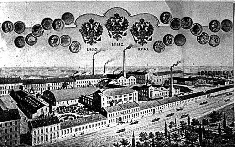 The „Temler i Szwede" tannery on Okopowa Street on a company advertising print. Above the panorama of the works — medals from industrial exhibitions and state emblems with the dates 1865, 1882 and 1896.