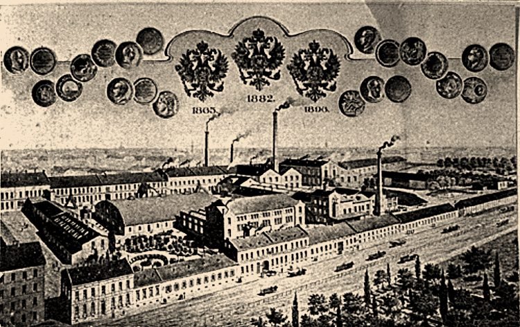 Garbarnia „Temler i Szwede” przy Okopowej na firmowej grafice reklamowej. Nad panoramą zakładu — medale z wystaw przemysłowych i godła państwowe z datami 1865, 1882 i 1896.