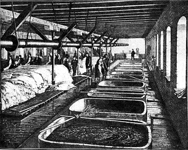 The factory hall: work at the tanning vats — a nineteenth-century engraving