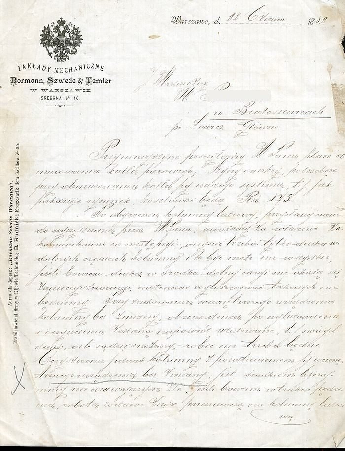 Letter of 22 June 1889 on the stationery of the „Bormann, Szwede & Temler" Mechanical Works in Warsaw (Srebrna no. 16), concerning the bricking-in of a steam boiler