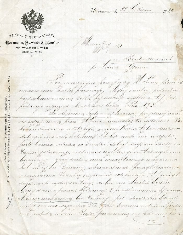 List z 22 czerwca 1889 roku na papierze firmowym Zakładów Mechanicznych „Bormann, Szwede & Temler” w Warszawie (Srebrna nr 16), w sprawie obmurowania kotła parowego