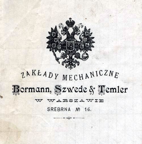 Letter of 22 June 1889 on the stationery of the „Bormann, Szwede & Temler" Mechanical Works in Warsaw (Srebrna no. 16) — enlargement of the letterhead vignette. Museum collections.