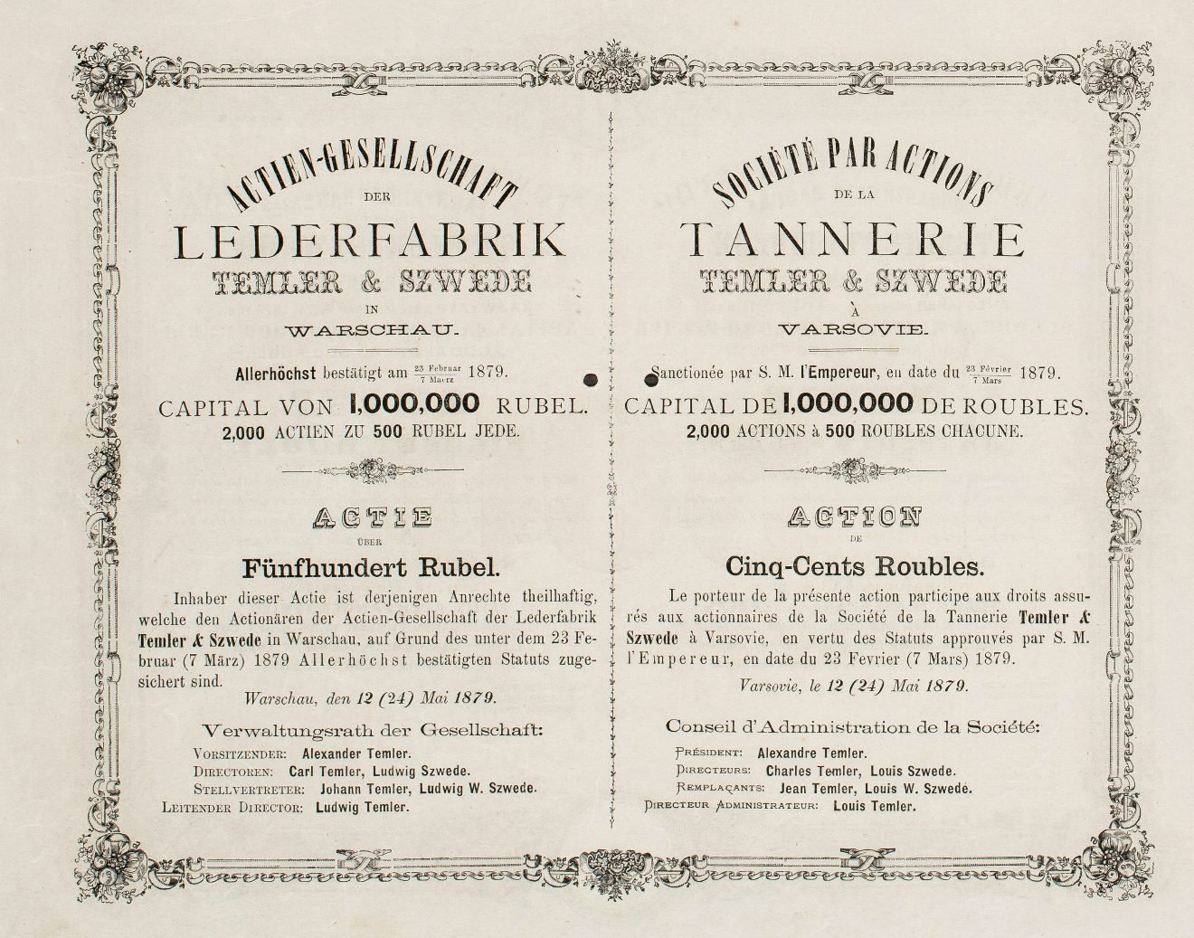 Reverse of the same share — the German („Actien-Gesellschaft der Lederfabrik Temler & Szwede in Warschau") and French („Société par Actions de la Tannerie Temler & Szwede à Varsovie") versions, with the statute „sanctionné par S.M. l'Empereur". Four languages on a single paper — the measure of a firm exporting to the Empire, Germany and England.