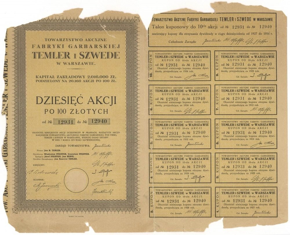 Collective share (10 shares of 100 złoty each, nos. 12931–12940) of the „Temler i Szwede" Tannery Joint-Stock Company — obverse and talon with dividend coupons for 1927–1936; share capital 2,016,000 złoty in 20,160 shares. In the printed composition of the board: president Jan H. Temler, directors Władysław and Stanisław Pfeiffer, deputies Józef Pfeiffer and Jan Herse, managing director Jan Maurycy Temler, whose signature stands among the signatures.
