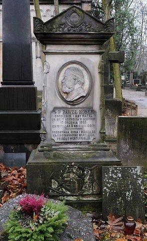 The tomb monument of Paweł Hoser (1823–1881) with portrait medallion — Old Powązki cemetery; grandfather of Zofia Henrietta