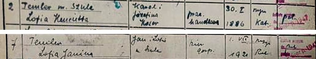 Entries 2 and 7 of the residence register of the house at 7 Złota Street, apartment no. 10: „Temler née Szulc Zofia Henrietta" and „Temler Zofia Janina" — the two lines with which this account began. State Archive in Warsaw