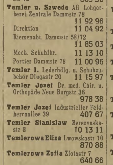 Amtliches Fernsprechbuch für das Generalgouvernement (Deutsche Post Osten, 1942) — cover and column with the entries: „Temlerowa Zofia, Zlotastr 7" and „Temler u. Szwede AG, Lohgerberei, Zentrale Dammstr 78".