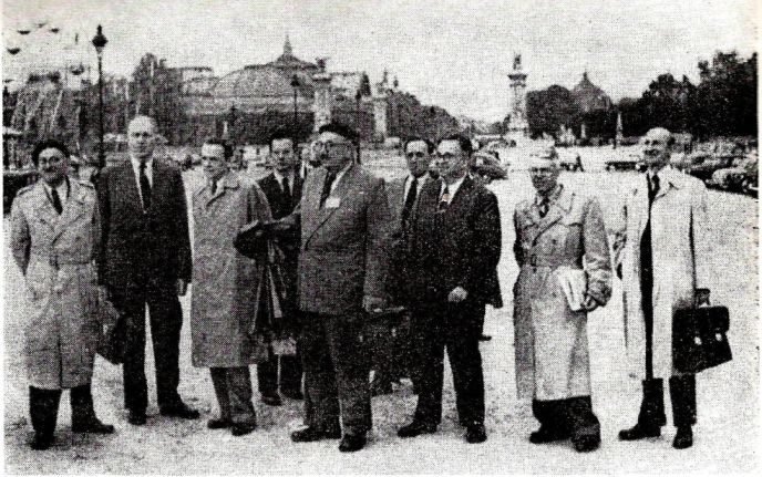 The Polish group of delegates at the CIGRE session in Paris, 1956. From the left: Prof. Zbigniew Jasicki, Prof. Kazimierz Kolbiński, Zbigniew Tarłowski MSc, Prof. Władysław Lech, Prof. Włodzimierz Szumilin (chairman), Prof. Zygmunt Skoczyński, Prof. Janusz Lech Jakubowski, Doc. Czesław Rukszto, Prof. Paweł J. Nowacki — co-author of Skoczyński's monograph on short circuits. Photograph from a study of the history of the Electrical Faculty of the Warsaw University of Technology.