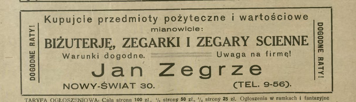 „Przegląd Więziennictwa Polskiego”, 1928, nr 4: reklama firmy z
numerem telefonu 9-56 — jeszcze sprzed rozbudowy warszawskiej sieci — i
hasłem „Dogodne raty!” po obu bokach.