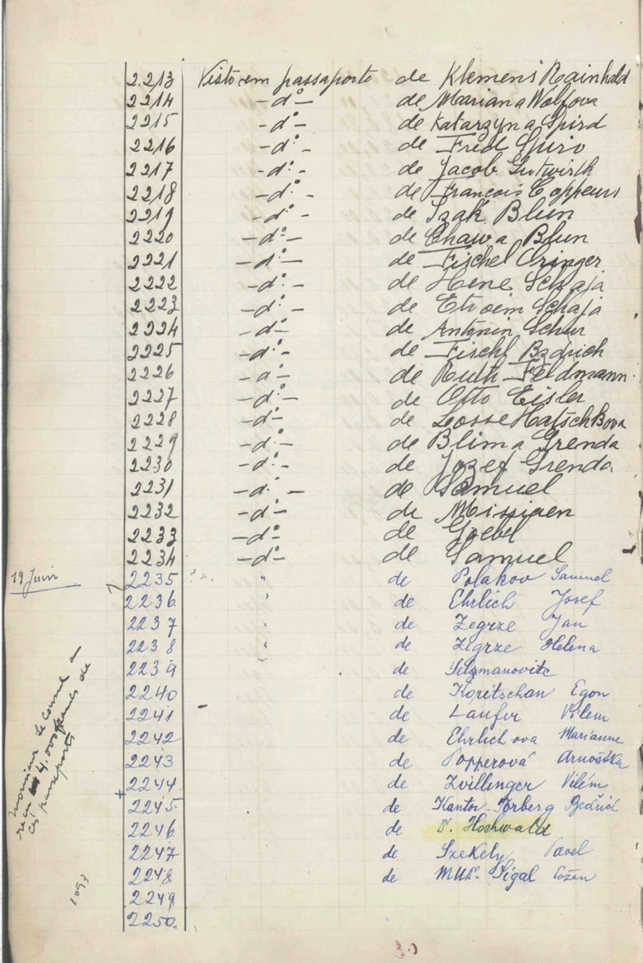 Strona księgi rejestru wiz konsulatu Portugalii w Bordeaux
(„Visto em passaporte de…”). Na marginesie data „19 Juin”; poz. 2237
„Zegrze Jan”, 2238 „Zegrze Helena”. Arquivo do Ministério dos Negócios
Estrangeiros, Lizbona; Sousa Mendes Foundation. Księgi wiz z Bordeaux
wpisano w 2017 roku na listę UNESCO „Pamięć Świata”.