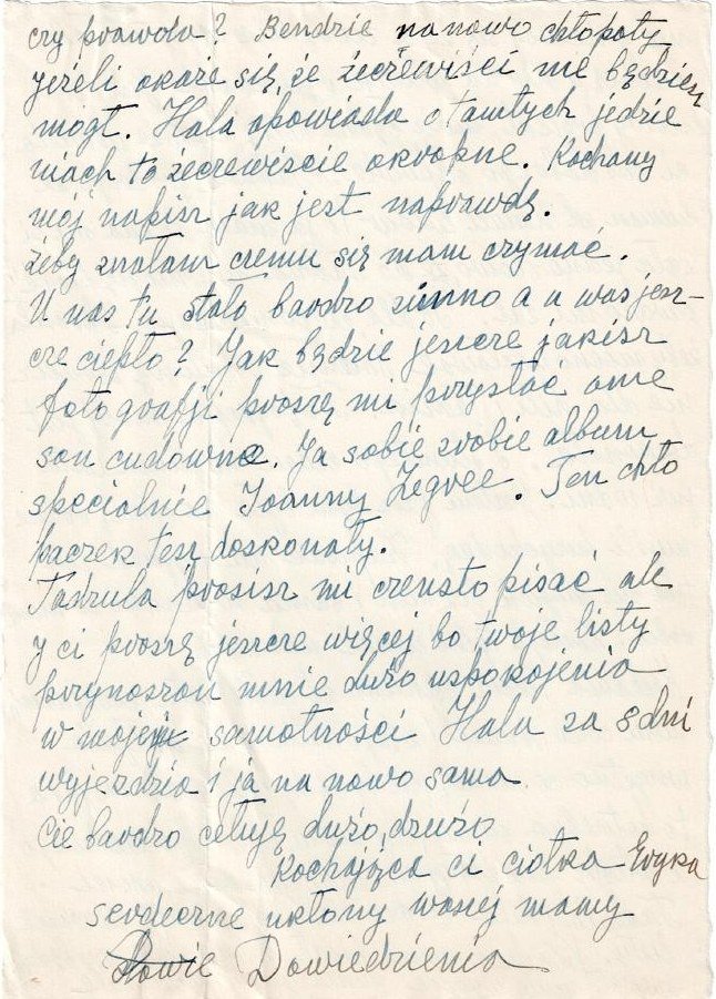 Ostatnia strona listu, z podpisem „Kochająca cię ciotka Eryka” i
dopiskiem „Do widzenia”. Ze zbiorów Joan Zegree.