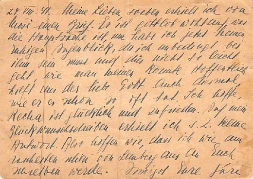 The reverse of the postcard: the text in German, signed „Innigst Eure Sári". From the collection of the Jacob family.