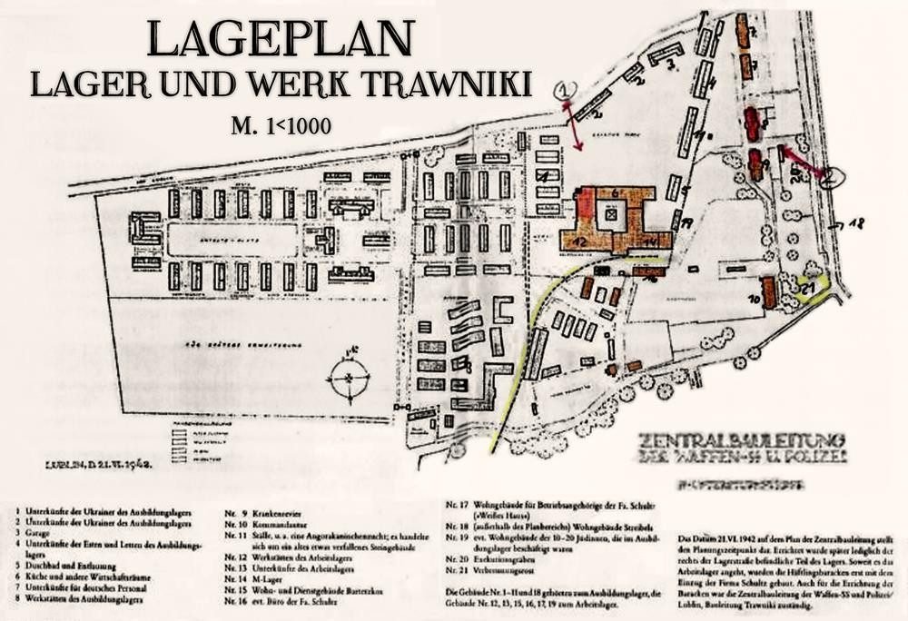 Plan of the camp and works at Trawniki, 1942 („Lageplan Lager und Werk Trawniki").