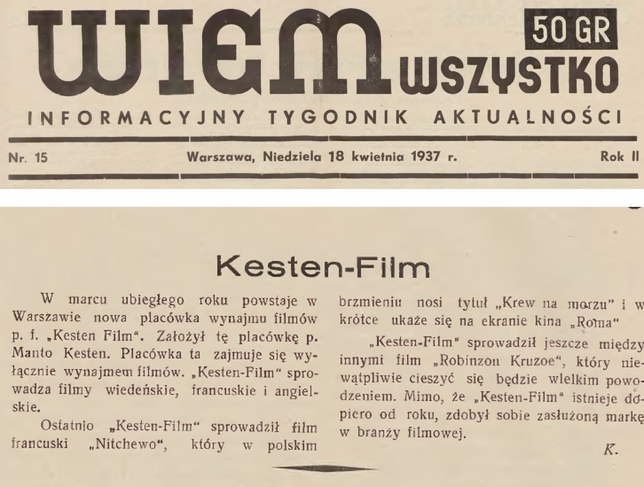 „Wiem wszystko", 18 kwietnia 1937 r.: sylwetka rocznej firmy — „zdobył sobie zasłużoną markę w branży filmowej".