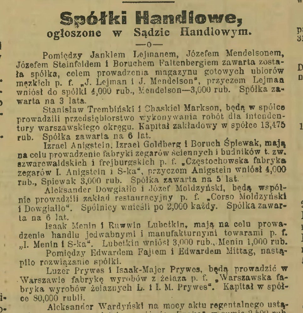 Rubryka „Spółki Handlowe, ogłoszone w Sądzie Handlowym „Nowa Gazeta” — wydanie wieczorne, Warszawa, czwartek 10 października 1907 r.